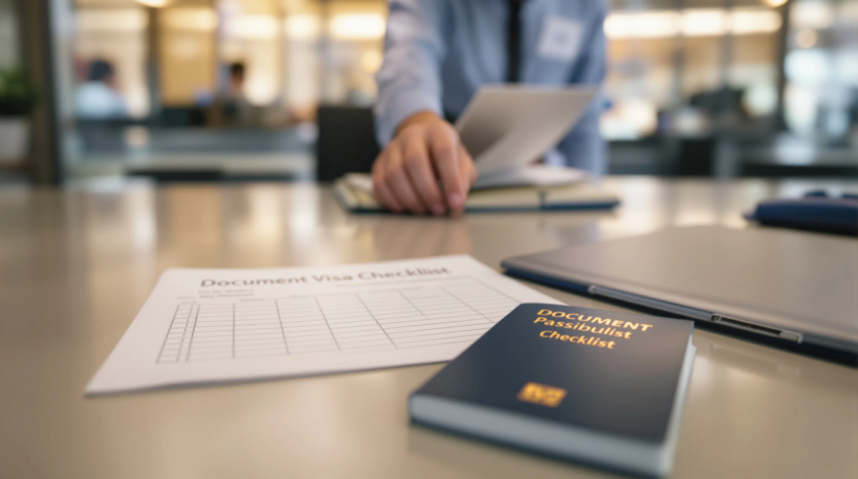 Passport and document checklist on a BLS Spain submission counter with staff behind glass