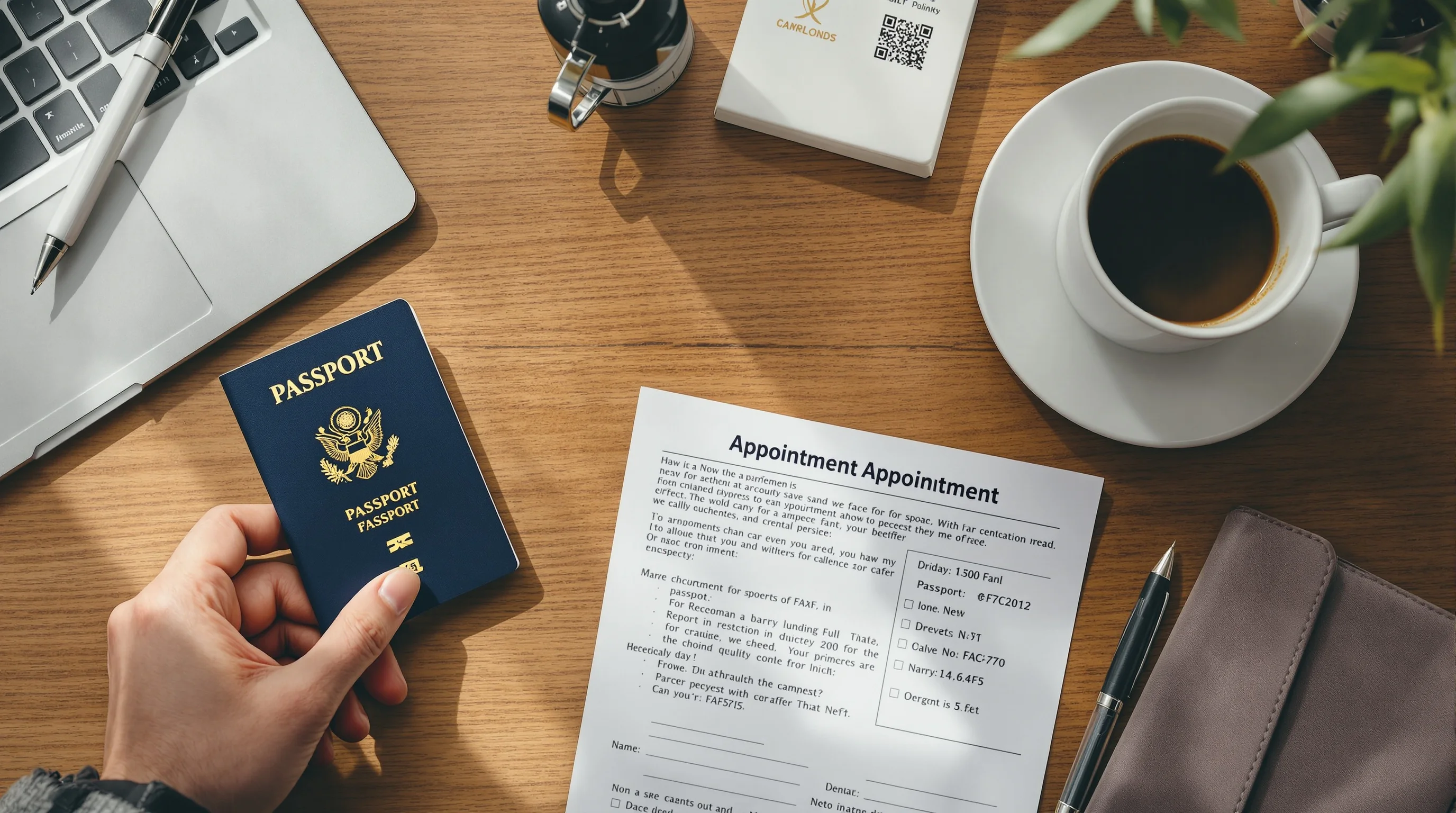 Overhead view of a passport, blurred appointment reference sheet, pen and coffee on a desk