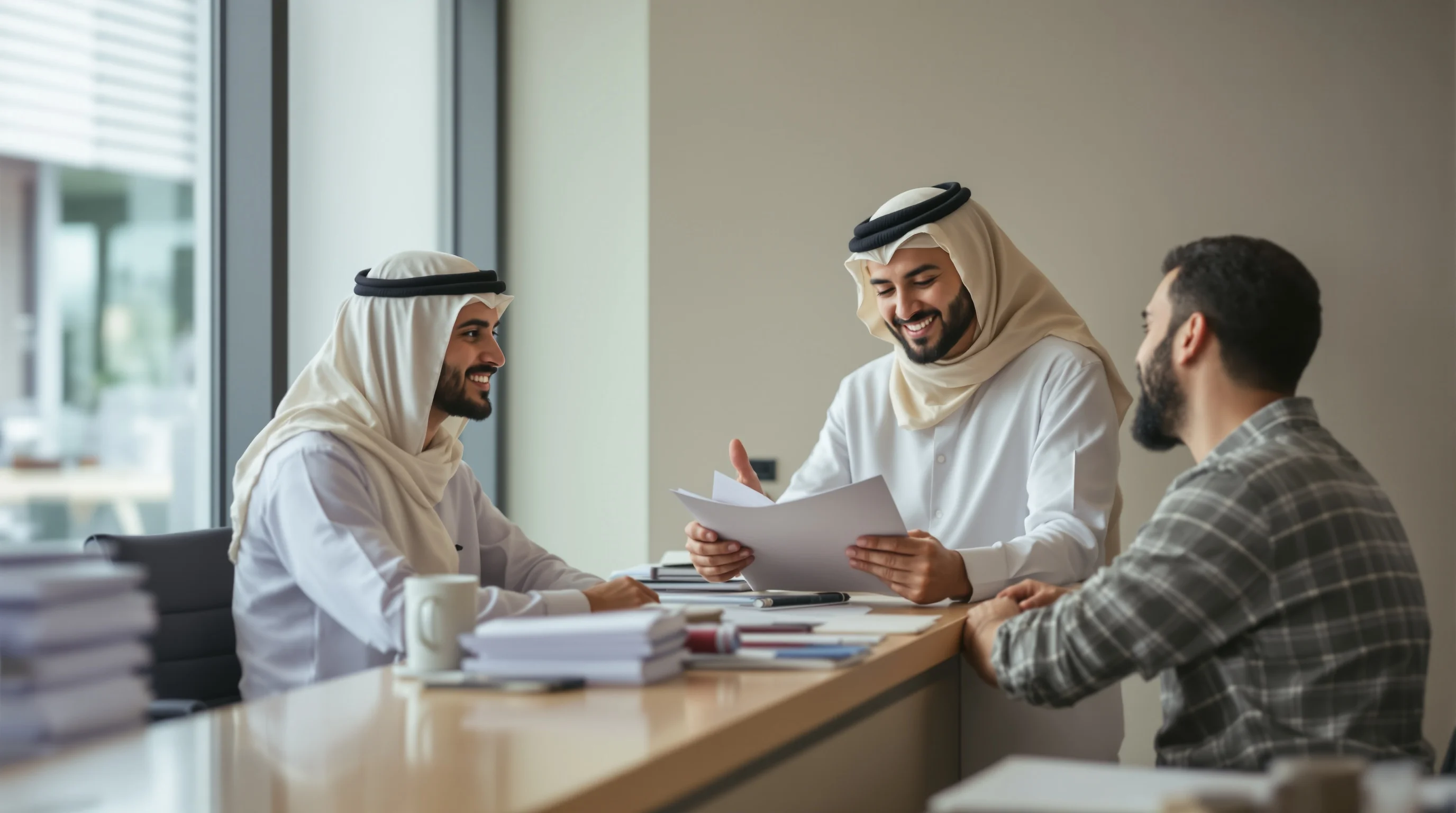 Staff member reviewing documents with an applicant at a VFS Abu Dhabi appointment desk
