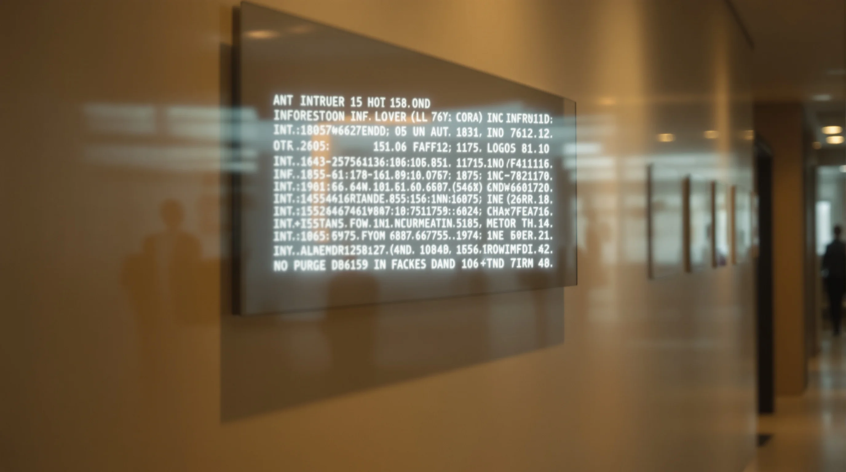 Information display panel in a visa centre corridor with blurred, unreadable text