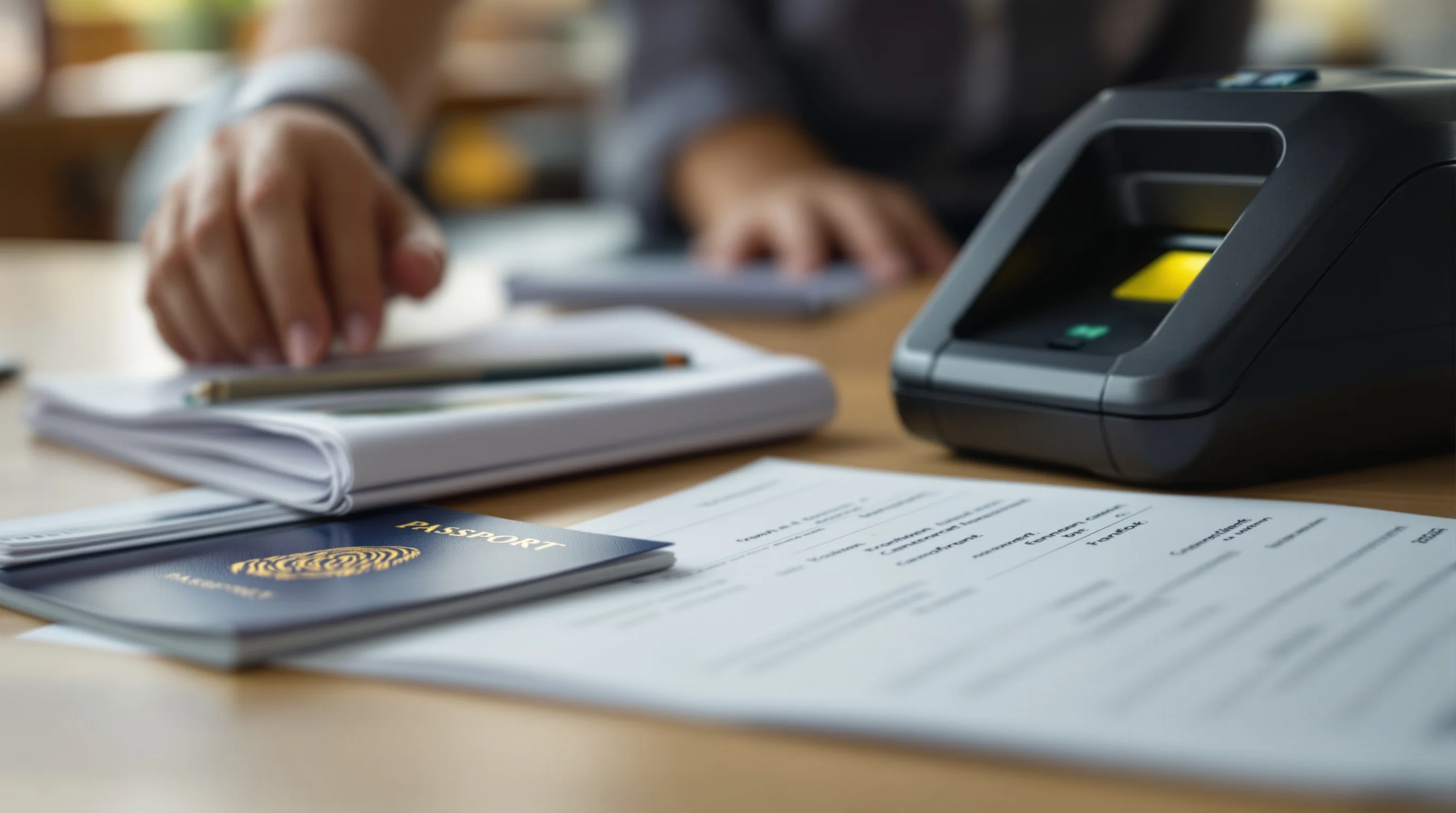 Passport, application form and fingerprint scanner on a visa centre submission counter