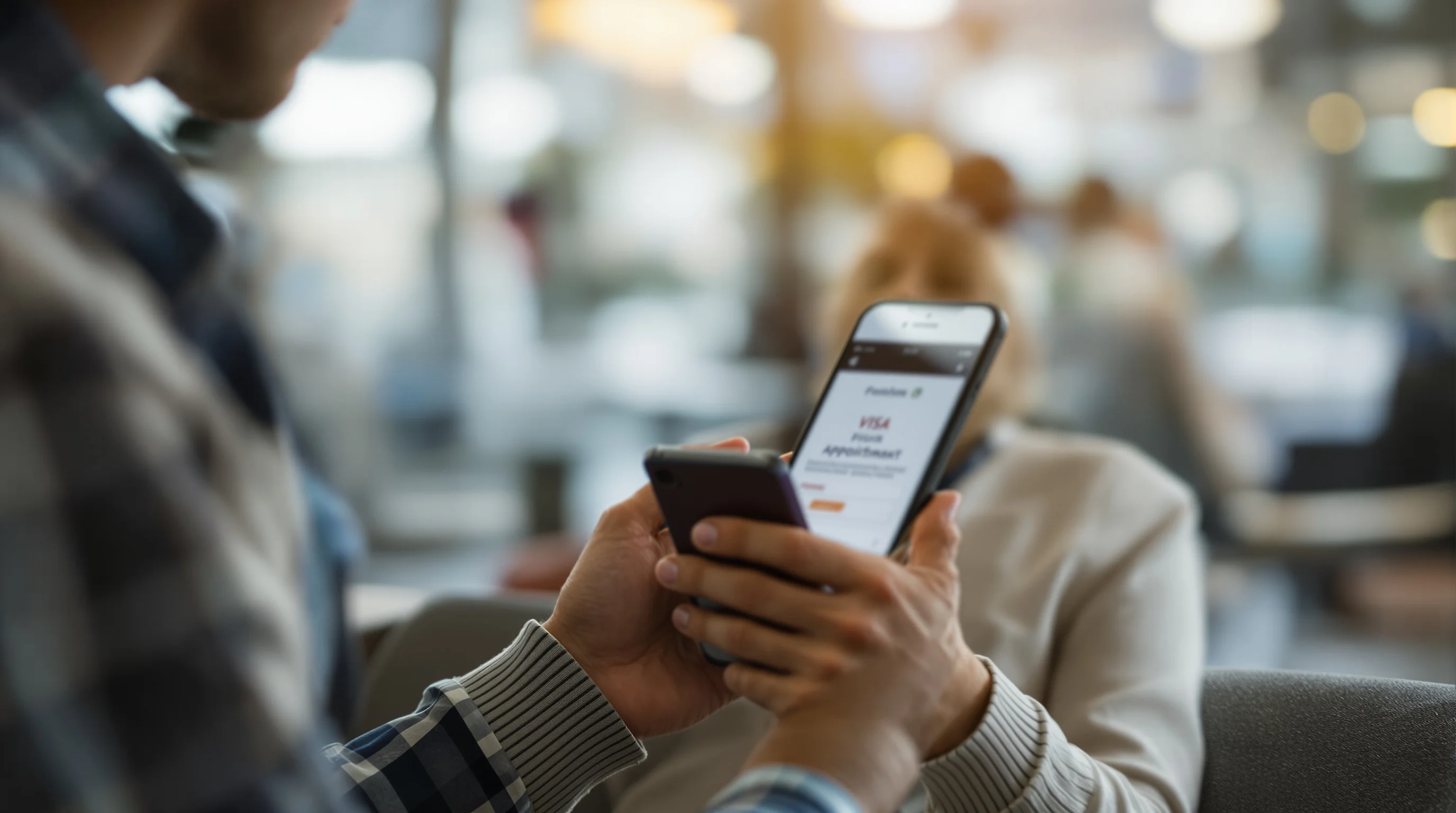Applicant checking an appointment confirmation on a phone in a visa centre waiting area