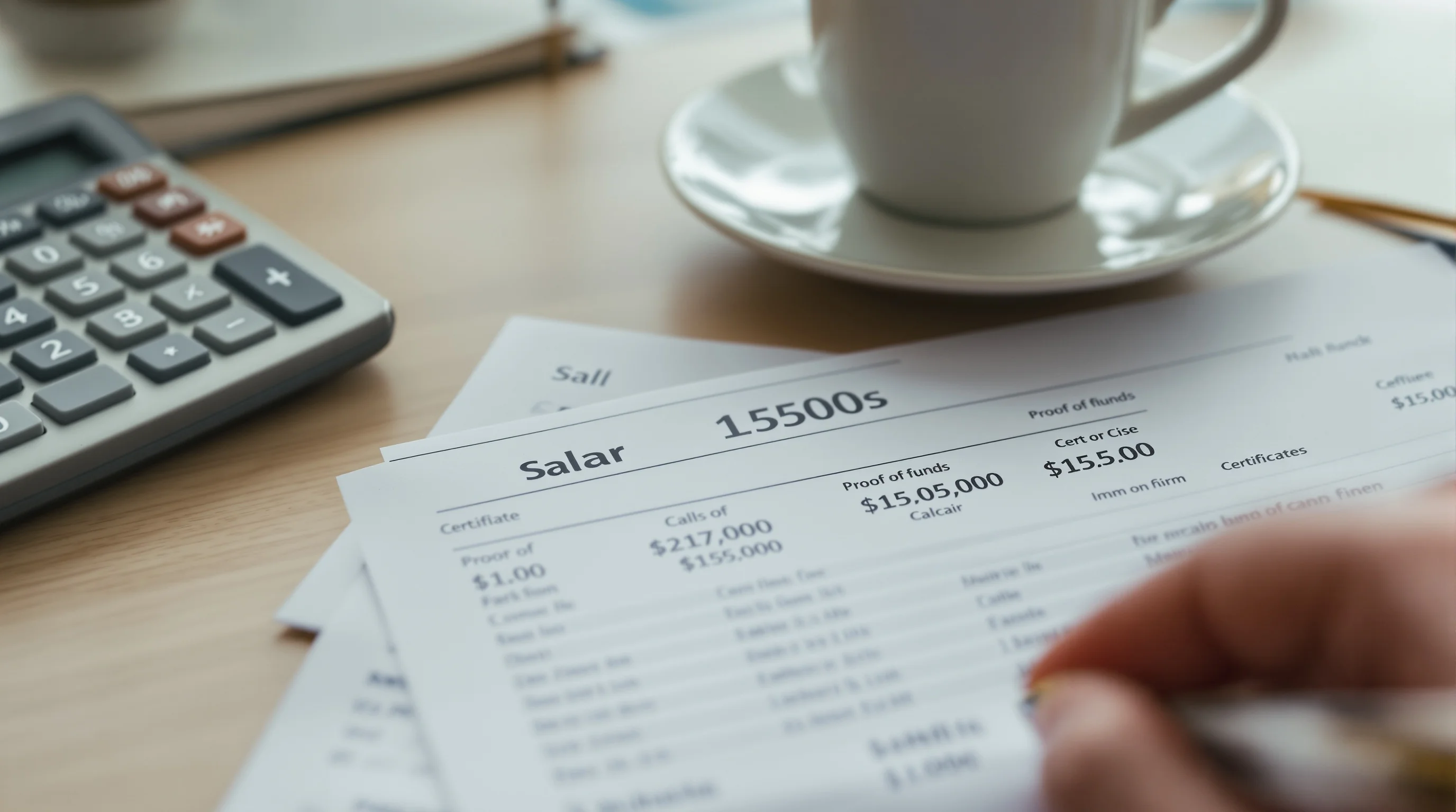 Bank statement and salary certificate on a desk beside a calculator, figures out of focus, illustrating proof of funds for a Canada TRV from the UAE