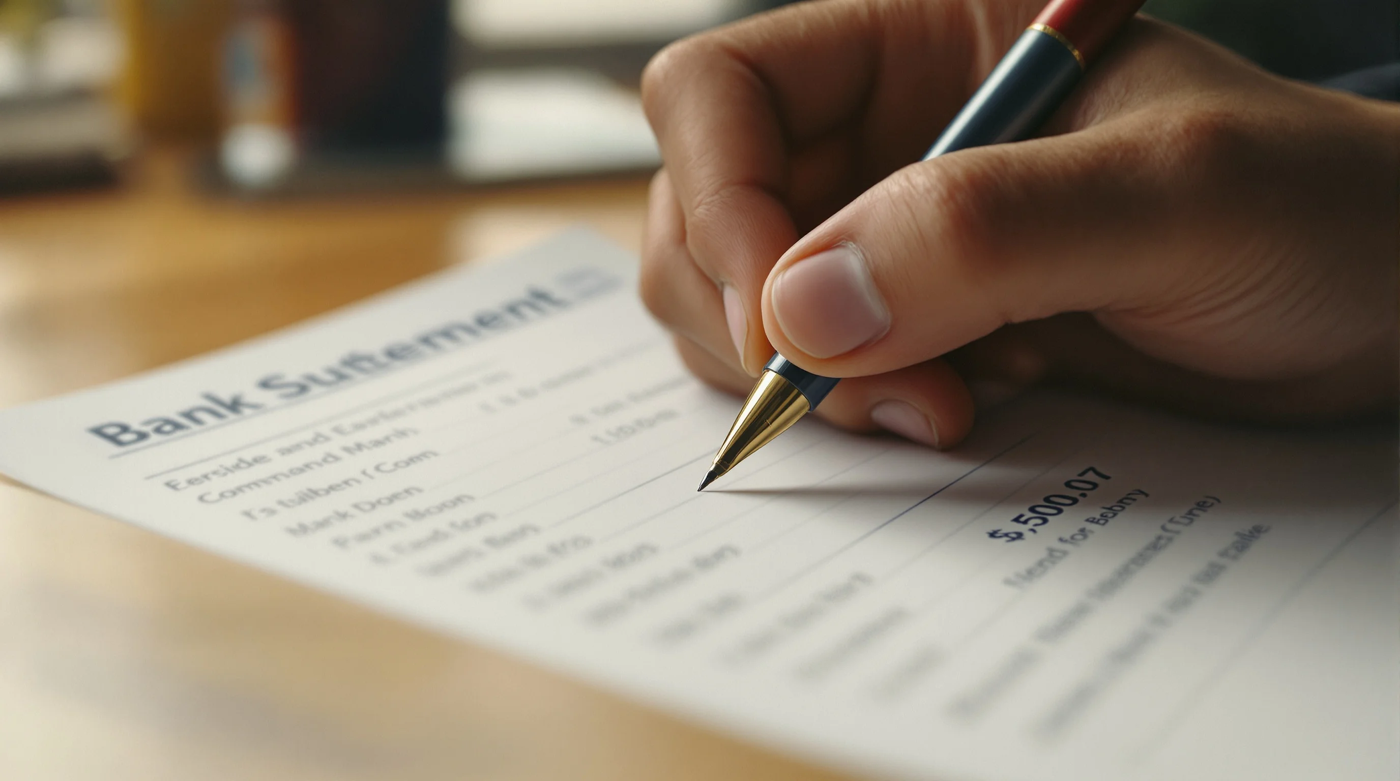 An over-the-shoulder view of someone reviewing a printed bank statement with a pen tracing a column, the figures blurred — reading the movement across months, not the closing balance.
