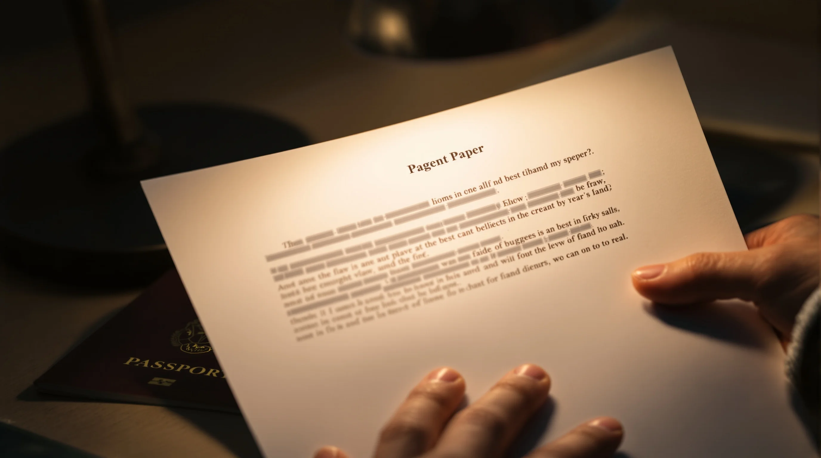 A single printed page held under a desk lamp beside a passport, a hand at the edge of the frame, the typed lines blurred — a cover letter being read line by line.