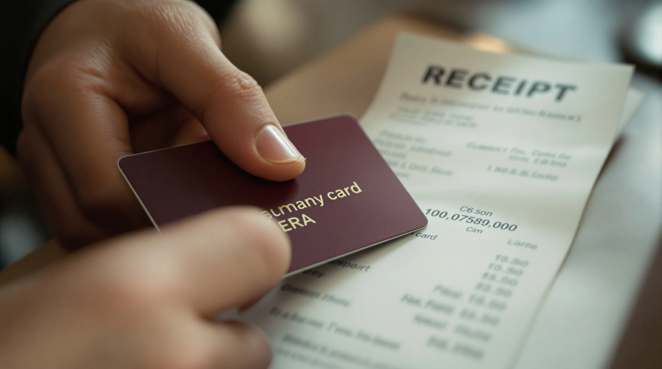 A printed itemised receipt and a bank card on a service counter, the figures left blurred, a hand reaching for the card.