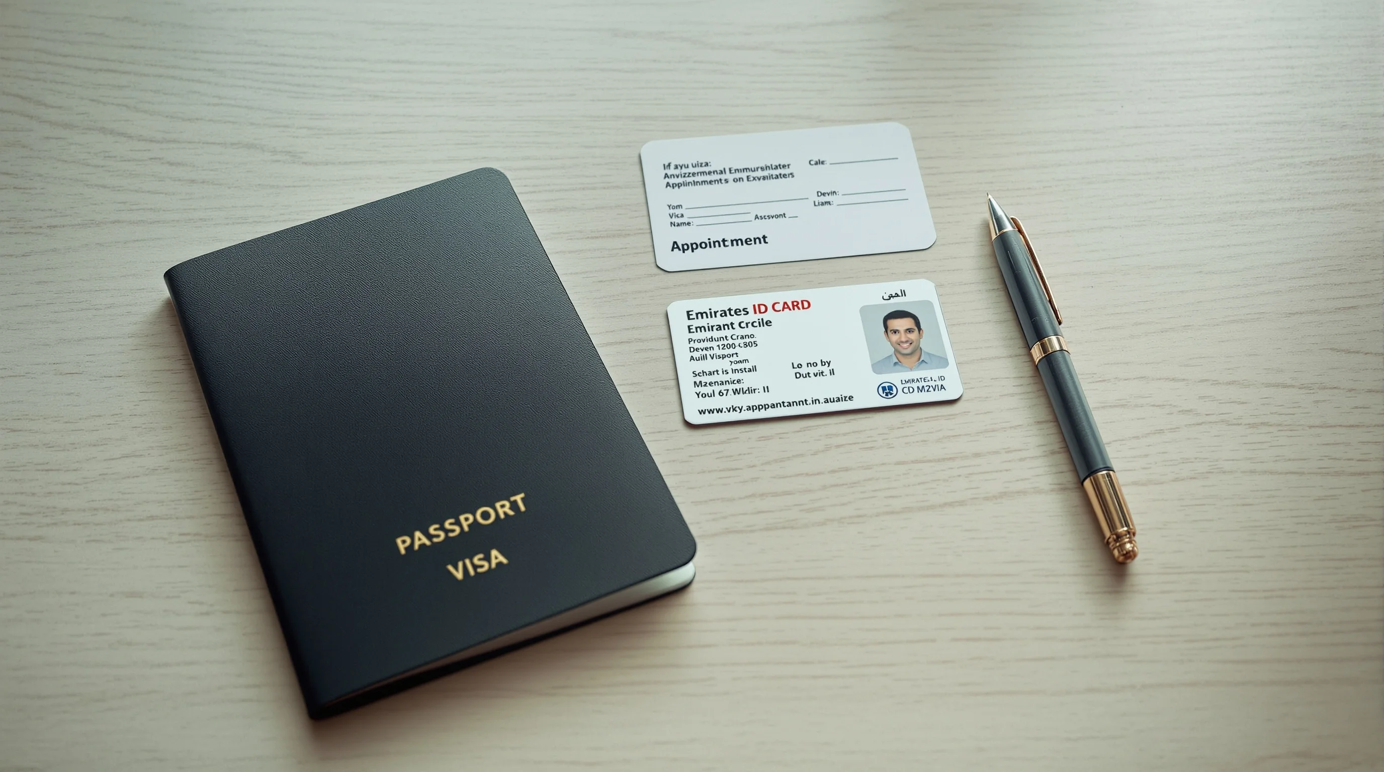 A closed passport, an Emirates ID and a printed appointment slip arranged on a visa-centre desk.