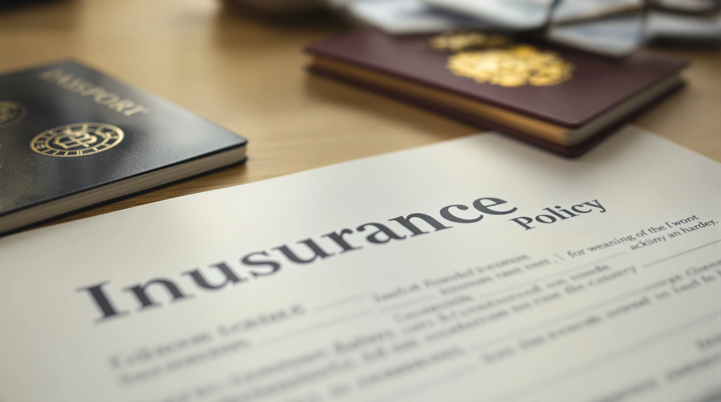 An insurance certificate lying beside a passport and a boarding pass on a desk, the policy text blurred — the kind of named PDF a Schengen file needs.