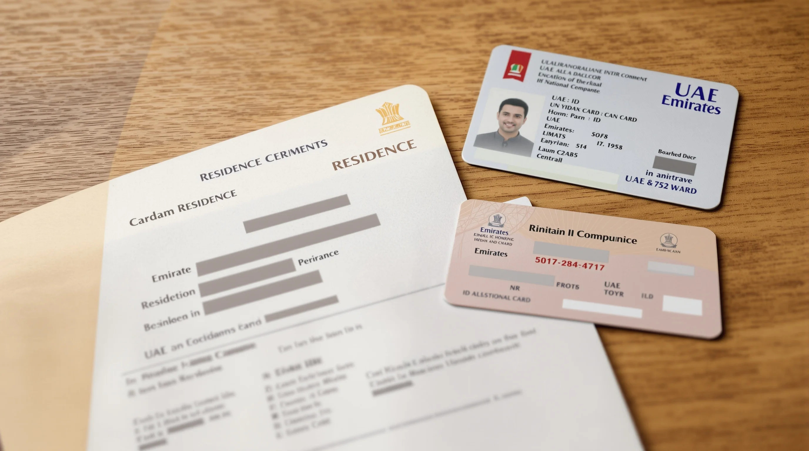 A UAE residence document and an Emirates ID card on a desk beside a boarding pass.