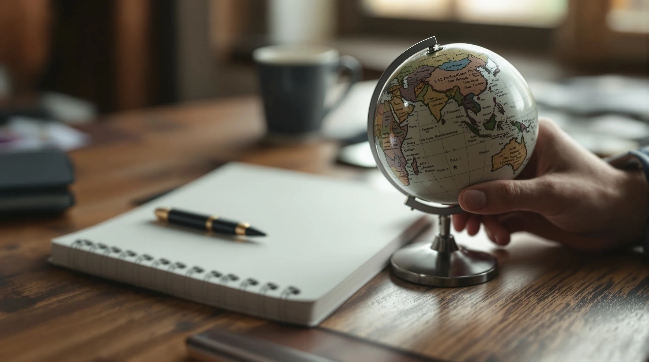 Hands turning a desk globe beside a notebook and pen, illustrating choosing the main-destination country for a Schengen application from Dubai