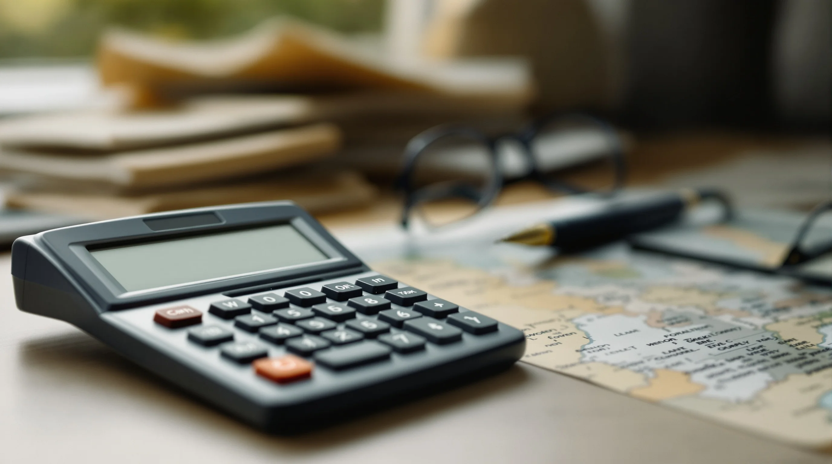 A calculator, reading glasses and a pen on a desk with papers blurred behind, illustrating the cost, bank-balance and insurance questions for a Schengen visa from Dubai
