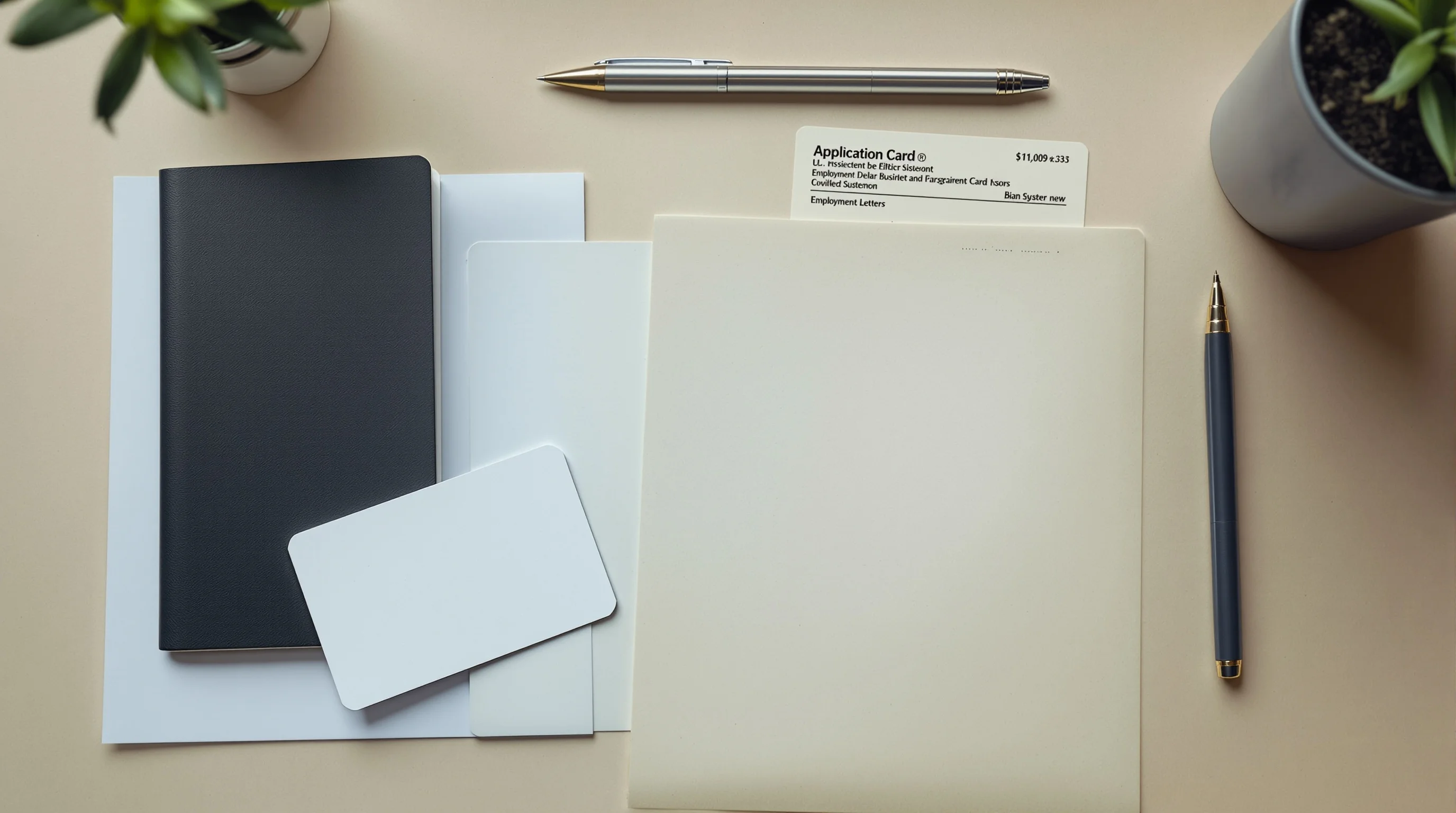 Overhead view of an Indian passport holder's UAE document pack: a passport, a blank residence card face down, printed UAE bank statements and an employment letter, text out of focus.