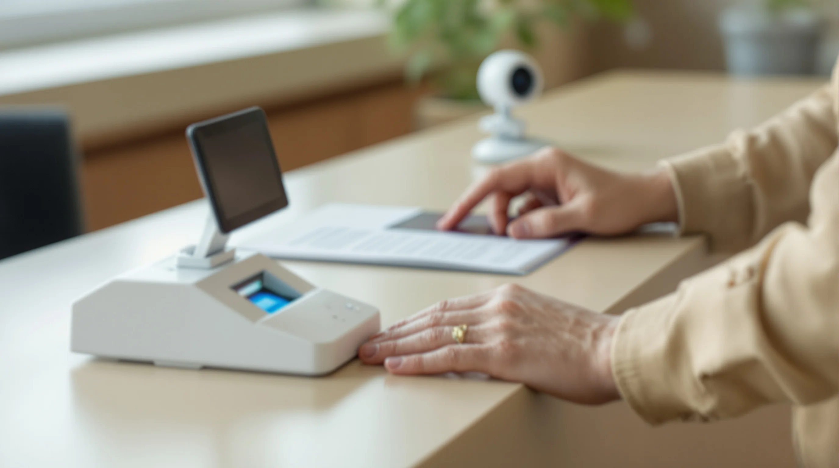 A biometric enrolment desk at a visa application centre with a fingerprint scanner and a small webcam on a pale counter, an applicant's hands resting at the edge.
