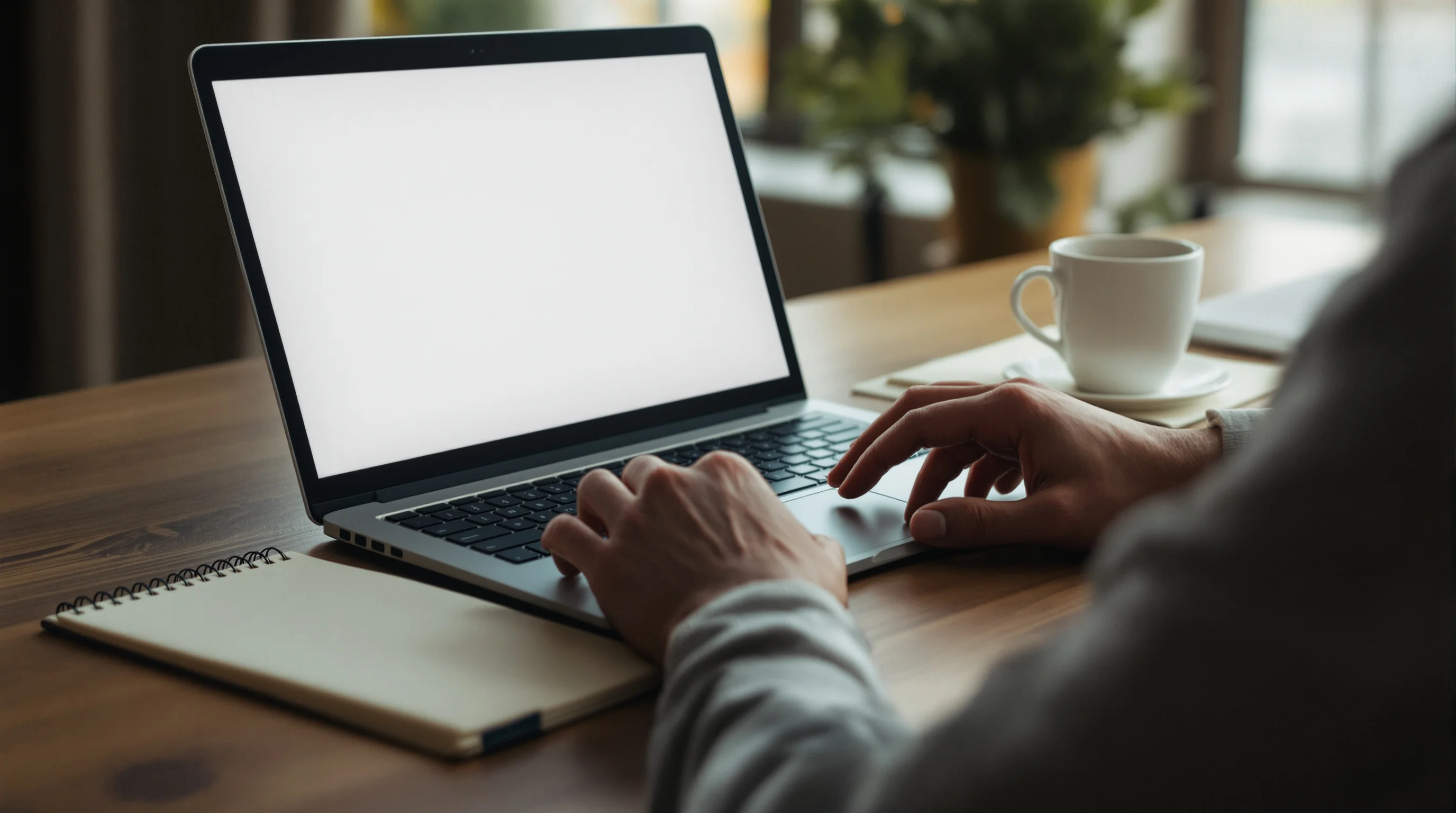 Over-the-shoulder view of a person at a laptop with the screen a soft glow, a folder and coffee beside it, illustrating the online gov.uk Standard Visitor application