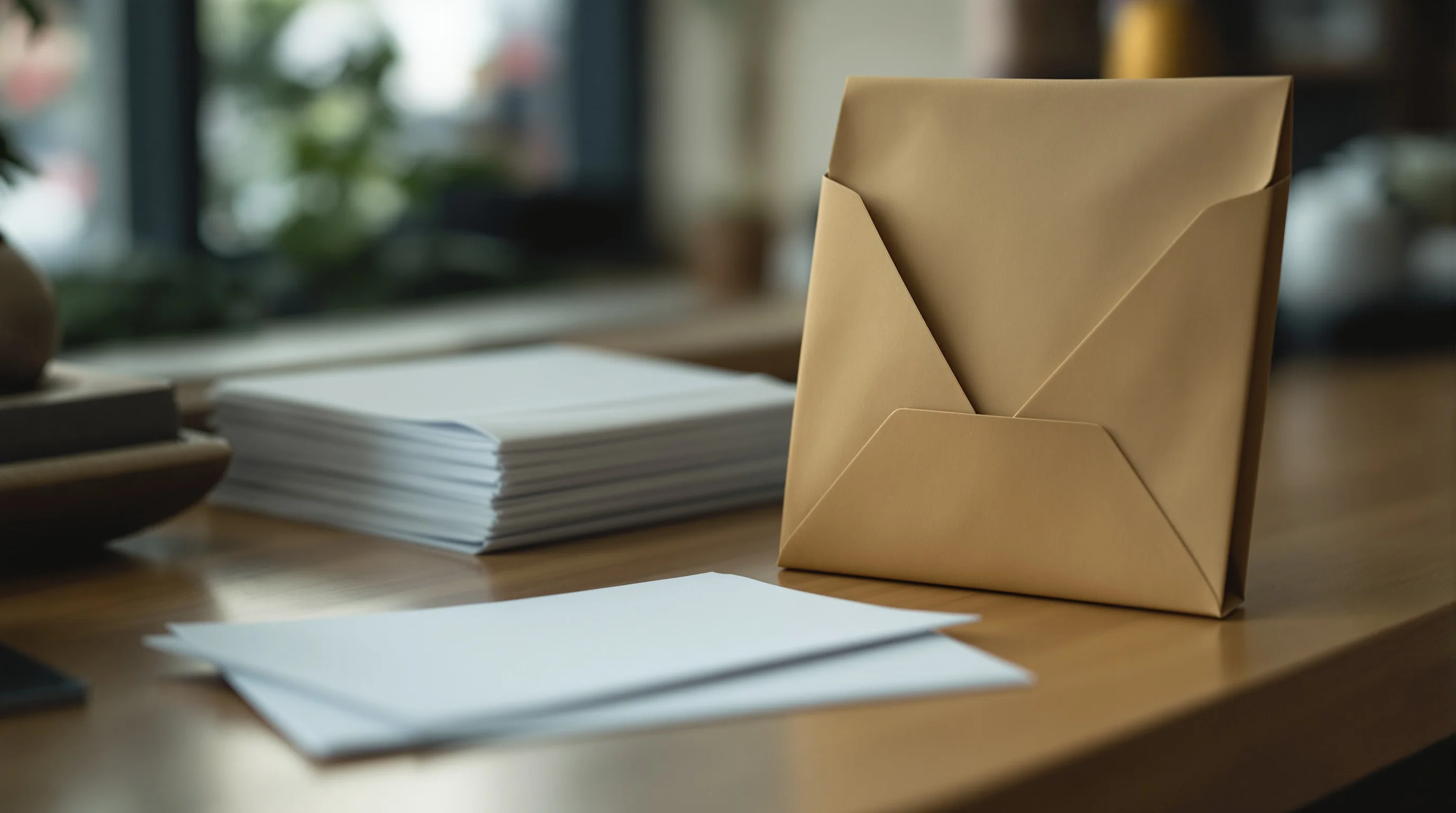 A drop-off counter with plain sealed envelopes and a passport return pouch, illustrating the dropbox option and courier passport return for a US visa