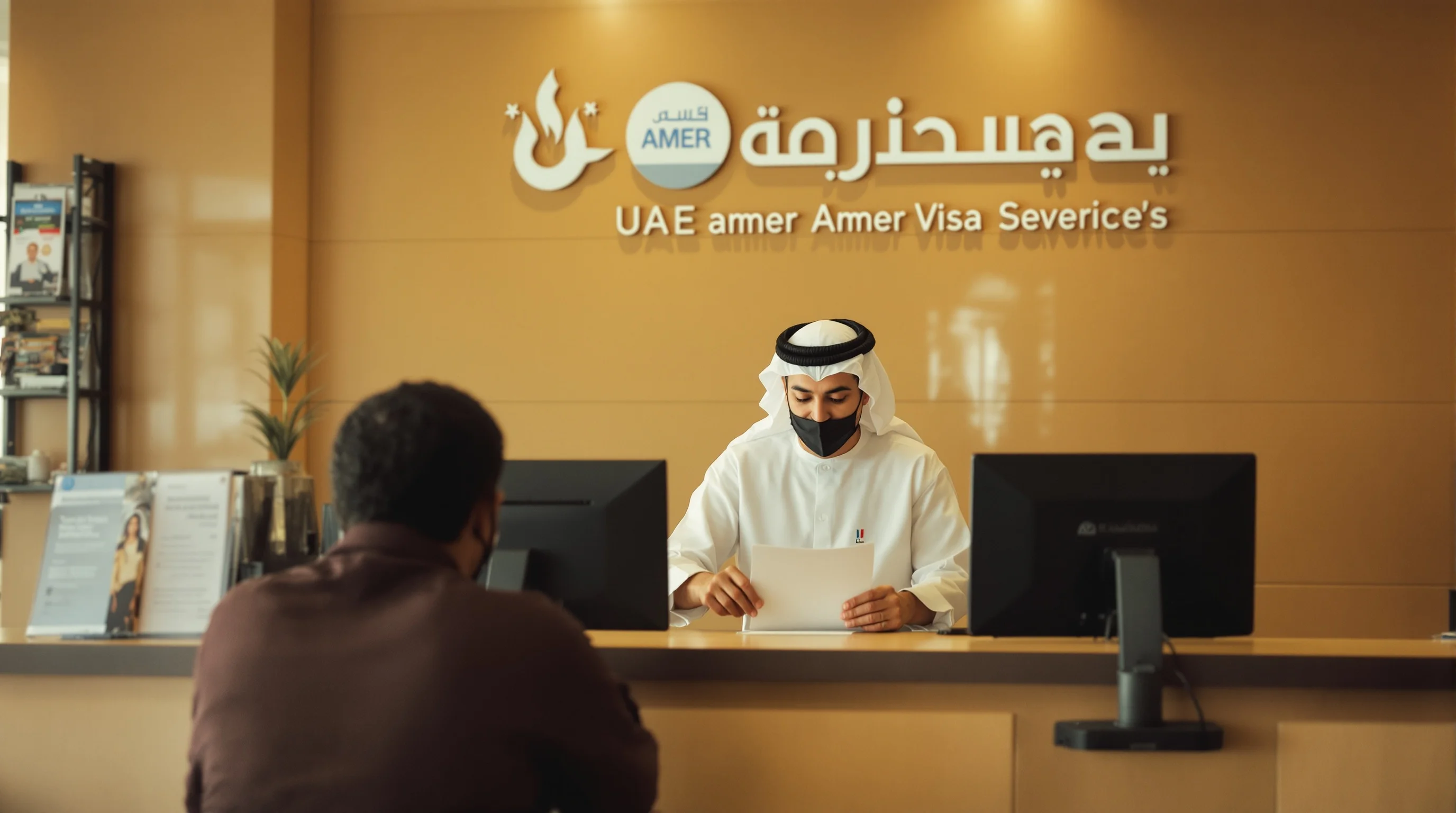 A staff member reviews an application folder with a resident at a UAE Amer service counter.