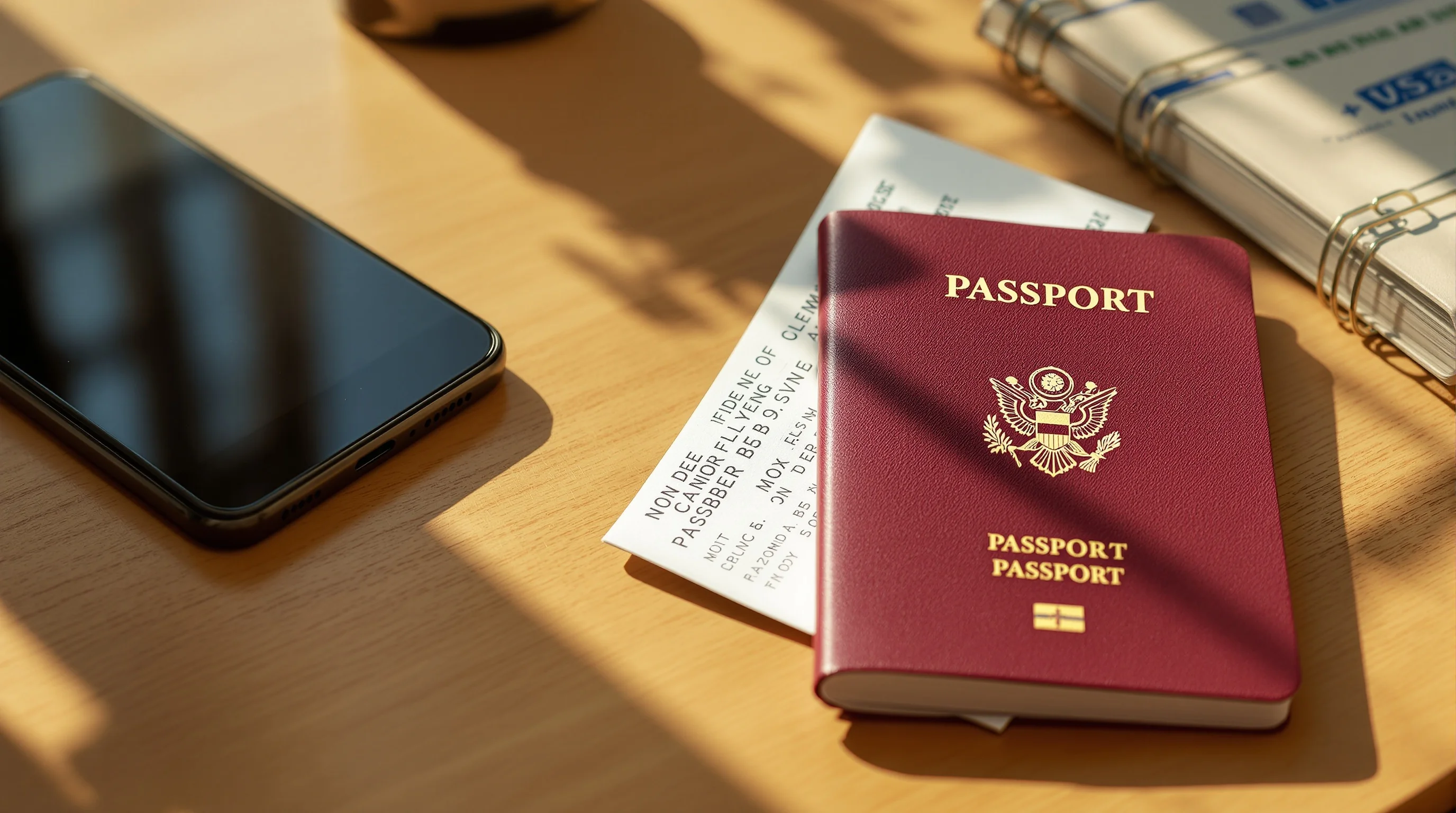 A closed maroon passport, a second travel document and a boarding pass on a desk.