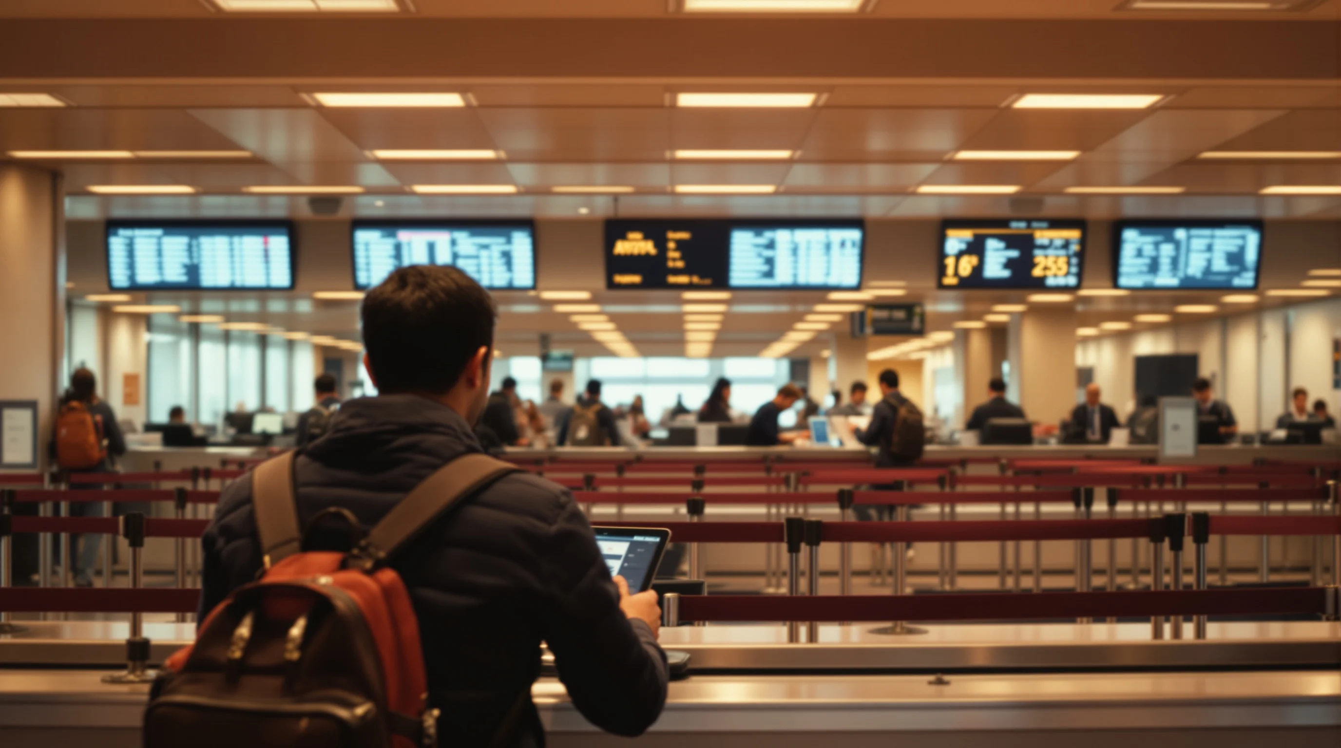 A traveller presents documents at an airport emigration exit desk.