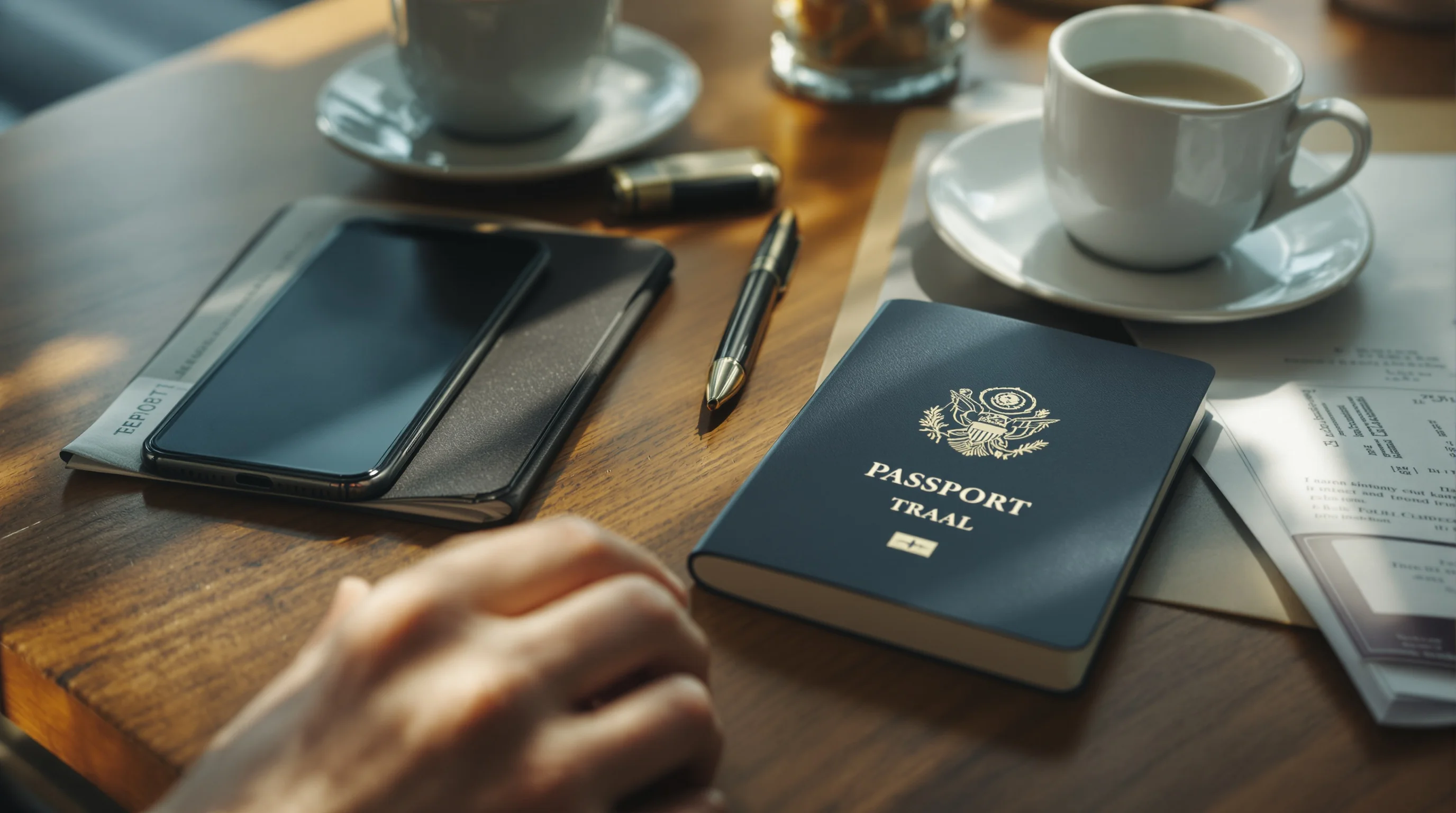 A closed passport, a boarding pass and a smartphone on a wooden desk.