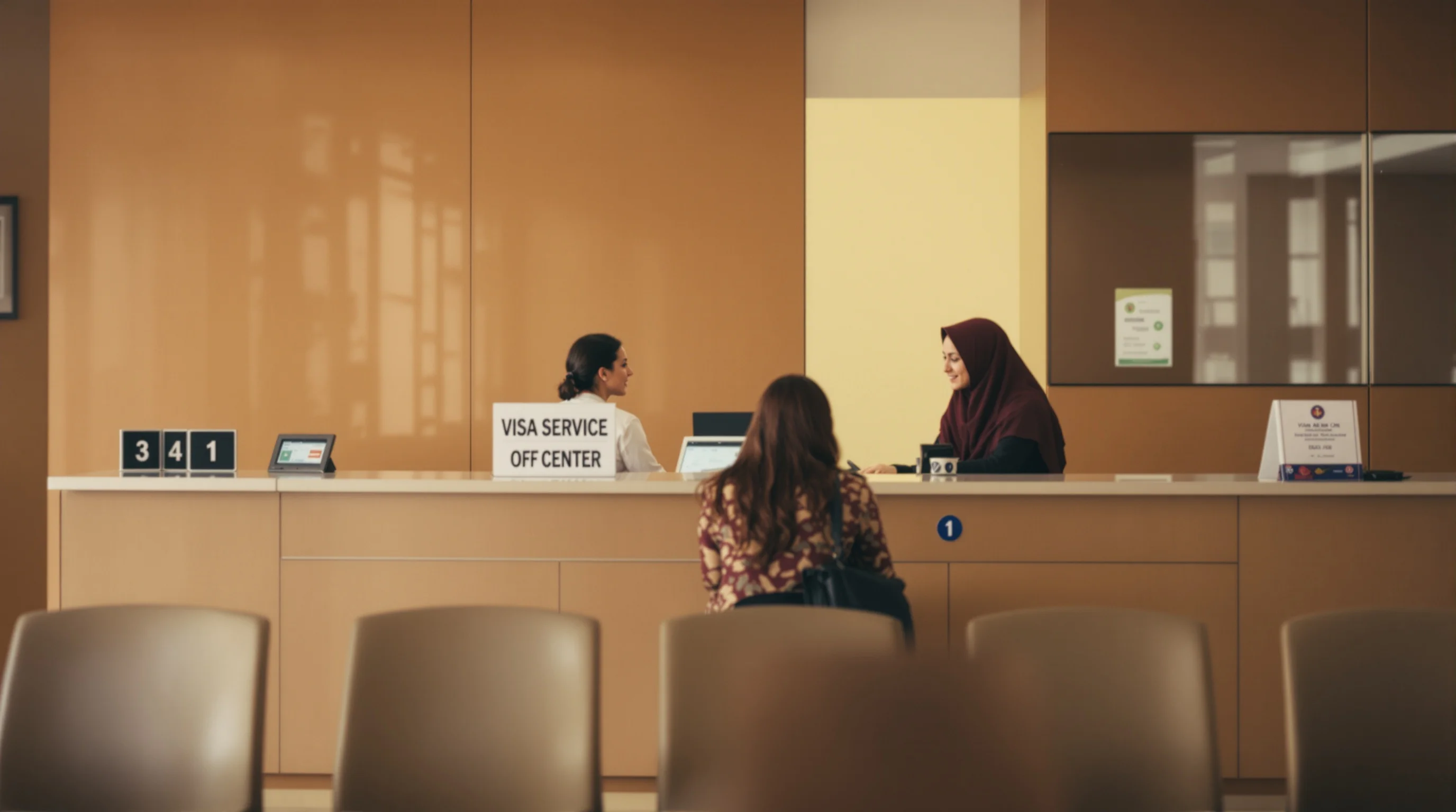 An applicant is helped across the counter at a UAE visa service centre.