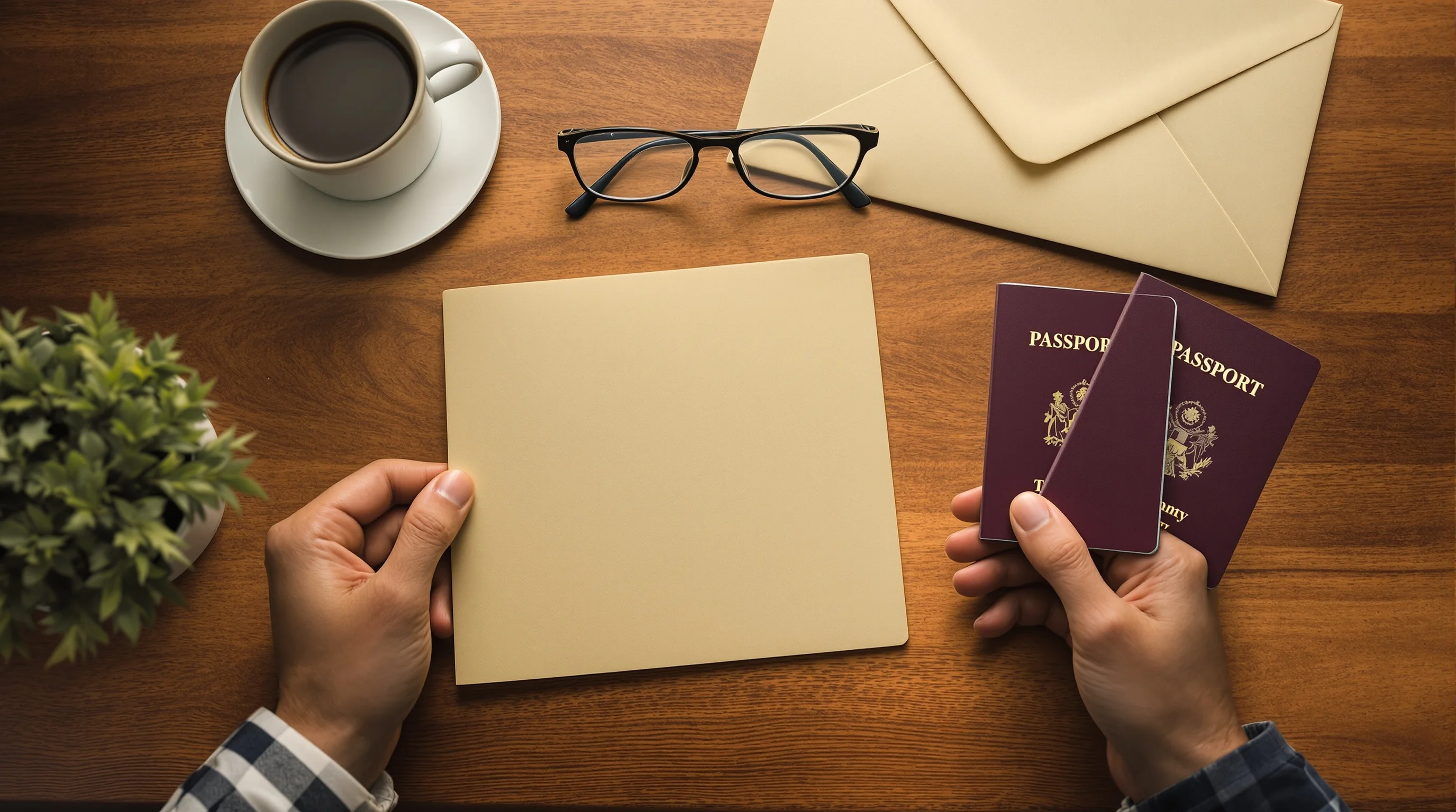 Sponsorship paperwork, two closed passports and reading glasses laid out on a desk.
